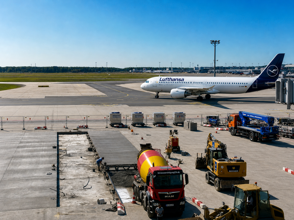 Bau- und Reparaturarbeiten auf einem Flughafen-Vorfeld