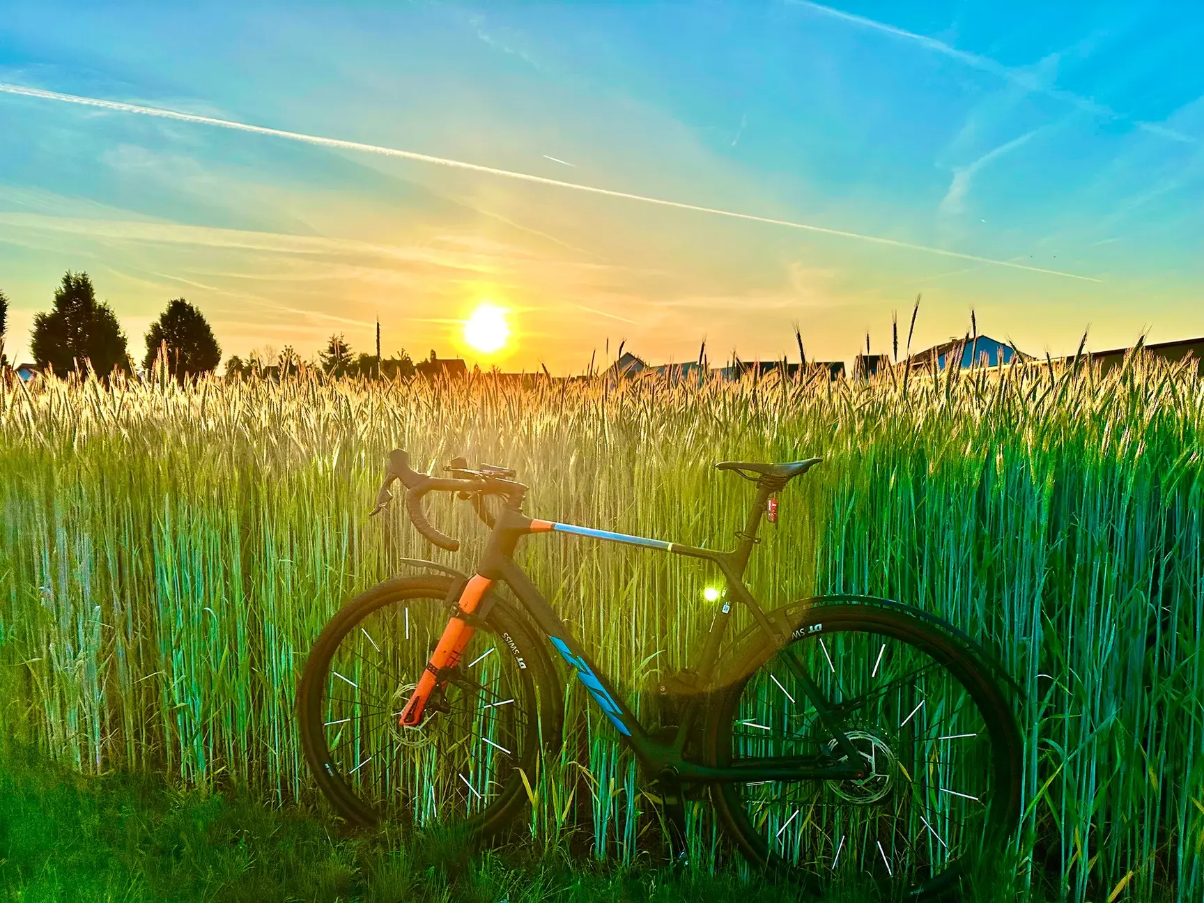 Fahrrad auf Feldweg bei Sonnenuntergang
